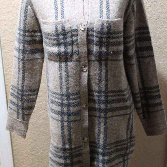 Jessica Simpson Plaid Long Button Cardigan Wool Bleed Sweater Brown Gray Small S - Picture 3 of 16